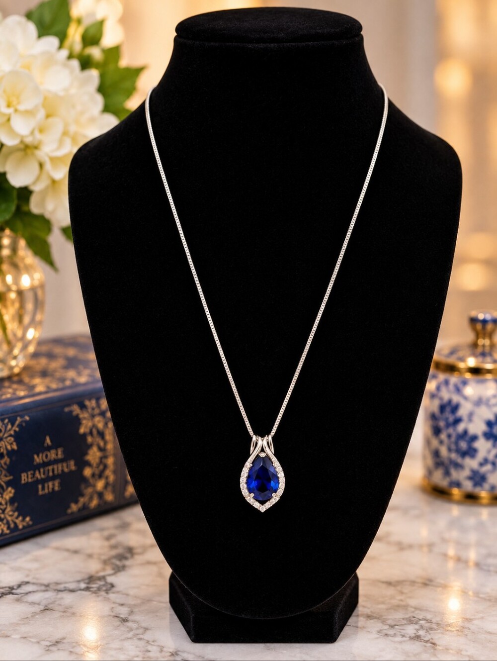 925 Sterling Silver Sapphire-Blue Teardrop Pendant Necklace